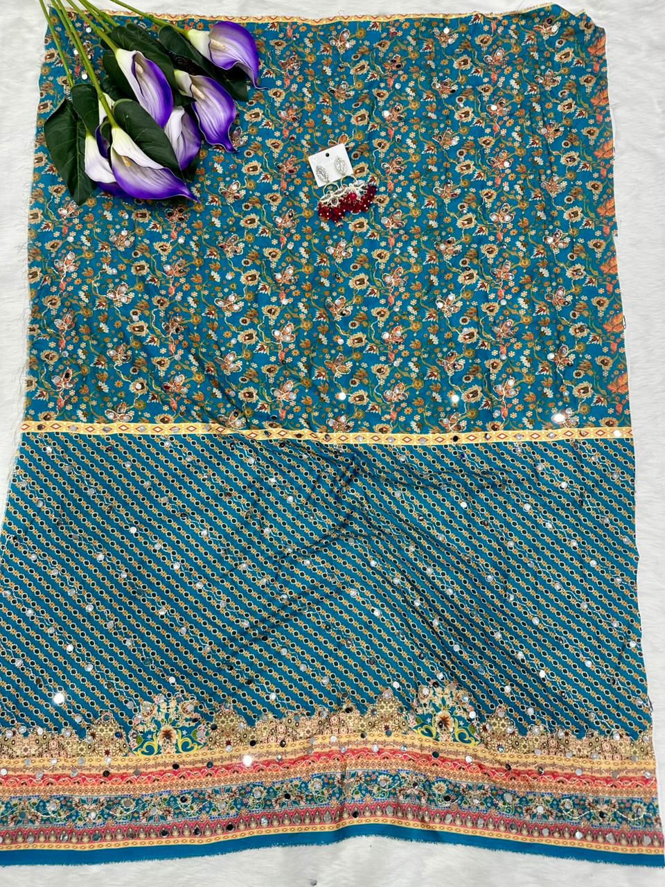 Peacock Blue Soft Crepe Silk Digital Floral Print Saree